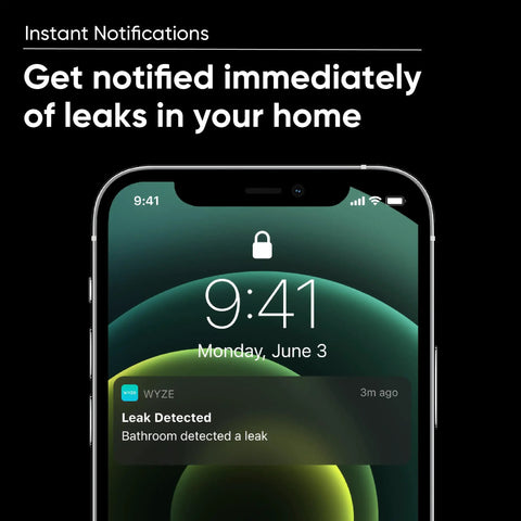 Smartphone screen showing notification from Leak Sensor Kit With 3 Pack And Single Probe For Home Water Alerts 500 Ft Range.