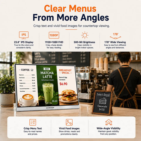 23.8 Inch Countertop Digital Menu Board With No Sweat Cloud Publishing For Restaurants And Cafes Featuring Smooth Multilocation Sync And Plug And Play Desktop Setup showing bright food images and menu details.
