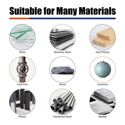 Carbide burrs 20pc set for Dremel/Milwaukee 1/8 in; graphic shows glass, steel, wood, stone, ceramics, plastic, marble.