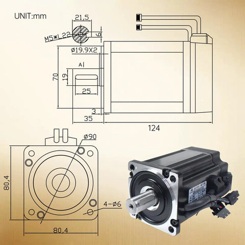 Beefed-Up 1000W 220V Servo Motor Kit With Driver And CNC Controller, technical diagrams, motor dimensions labeled