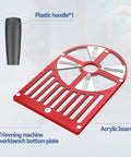 Rock Solid Universal Router Base Plate For Trimming Routers Fits Like A Glove 65 To 132 Mm Diameter shows red aluminum plate and plastic handle.