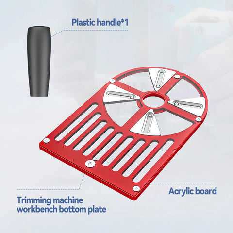 Rock Solid Universal Router Base Plate For Trimming Routers Fits Like A Glove 65 To 132 Mm Diameter shows red aluminum plate and plastic handle.