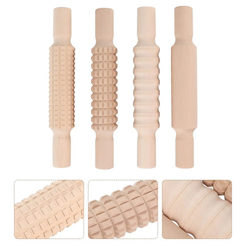 4 Piece Plasticine Rolling Pin Set With Wooden Handles For Dough, Embossing And Bakeware, Kid Friendly Rolling Sticks