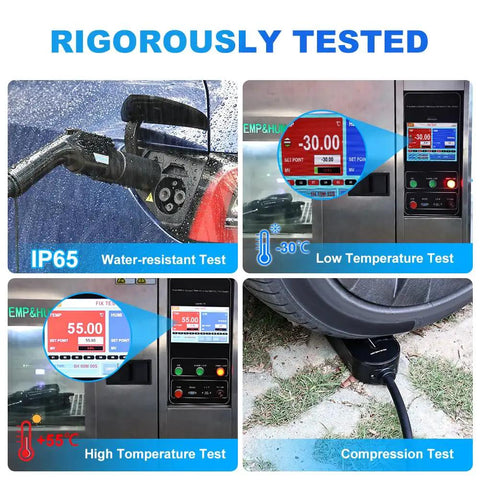 Level One And Two EV Charger Portable With 25 Foot Cable undergoing water resistance, temperature, and compression tests