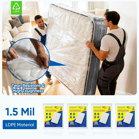 Heavy Duty Waterproof Mattress Bag For Moving And Storage Protects Queen Size Mattress During Transit, LDPE Material Shown