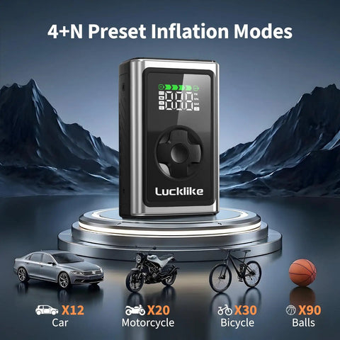 Portable Tire Inflator Air Compressor 150 PSI Cordless Pump With Gauge And LED Light displayed with 4+N preset modes