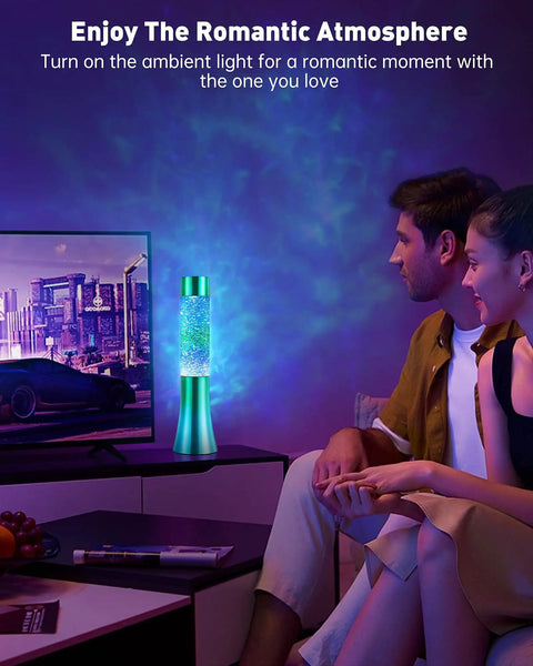 Couple enjoying 13 Inch Color Changing Liquid Glitter Lamp for Desk and Mood Night Light with Flowing Liquid Motion Chill Rainbow Led Decor.
