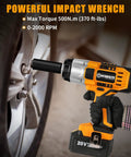 Cordless Half Inch Impact Wrench With 370 Foot Pounds Max Torque 0 To 2000 RPM Variable Speed shown in use on car wheel