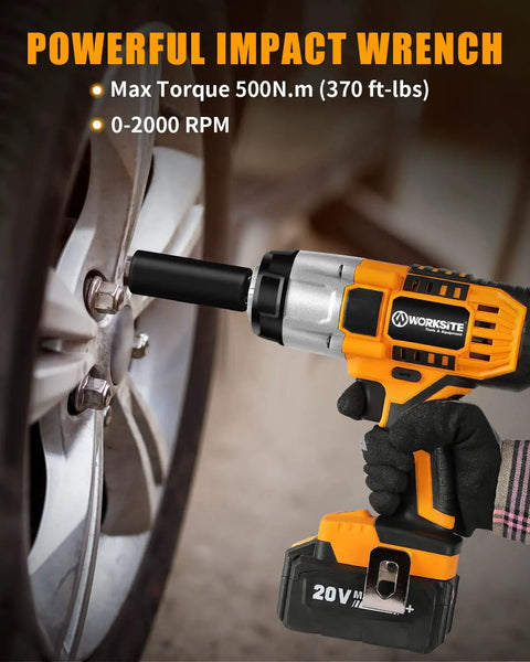 Cordless Half Inch Impact Wrench With 370 Foot Pounds Max Torque 0 To 2000 RPM Variable Speed shown in use on car wheel