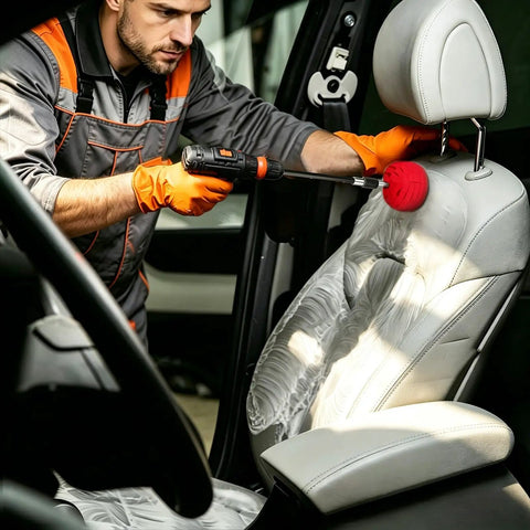 Worker using Six Piece Car Wheel Polishing Kit With Foam Cones And Balls One Quarter Inch Hex Extension Holder Pro Grade on car seat