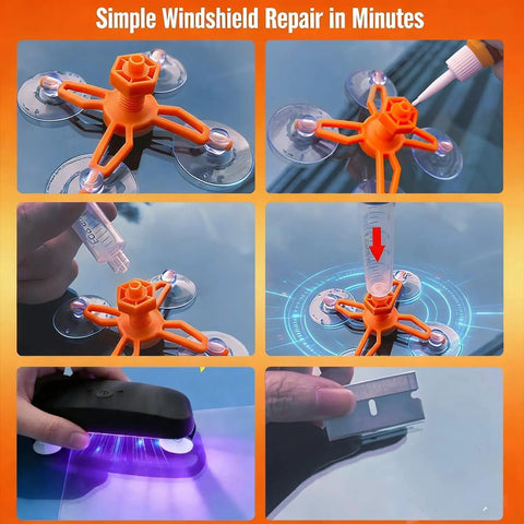 Complete Auto Windshield Repair Kit Featuring UV Curing Lamp And Sturdy Suction Tool showing suction tool, resin, and UV lamp in action.