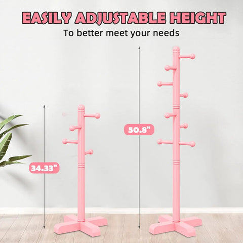 Freestanding Coat Rack With Eight Hooks And Adjustable Height, Tree Style Hallway Organizer For Bedroom in pink.
