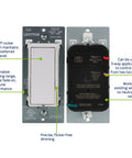 Front and back of Decora Slide LED Dimmer Switch For 150W Dimmable LED Halogen And Incandescent Bulbs And Fixtures White DSL01 LW