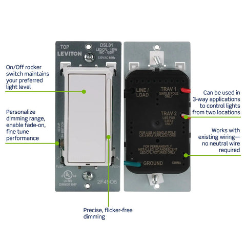 Front and back of Decora Slide LED Dimmer Switch For 150W Dimmable LED Halogen And Incandescent Bulbs And Fixtures White DSL01 LW