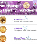 Image showing nourishing ingredients in the Hema-Free Poly Gel Nail Kit Starter With UV Lamp And Slip Solution, including Castor Oil, Vitamin E, and Natural Resin.