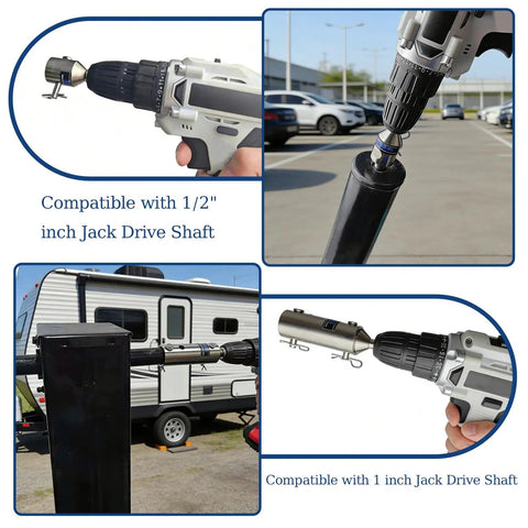 Rock Solid Two In One Trailer Jack Drill Adapter For One And Half Inch Drive Shafts Rust Resistant Stainless Steel Construction compatible with 1/2 and 1 inch shaft