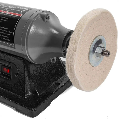 Close-up of 6 Inch Electric Polisher Benchtop Buffer Grinder With Dual Buffers And Half HP Motor showing a buffing wheel.