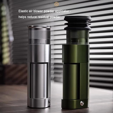 Crank Out Smooth Barista Quality Coffee Grinds With This Full Sized Electric Bean Grinder Featuring Six Heavy Duty Conical Steel Burrs And Stepless Dial Calibration For Espresso Pour Over And French Press Brewing Sessions At Home, silver and green powder applicators.