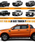 Kistrba mid-size crew-cab truck cover product image; orange pickup foreground with banner showing six compatible models
