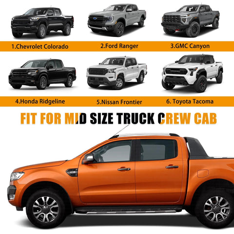 Kistrba mid-size crew-cab truck cover product image; orange pickup foreground with banner showing six compatible models