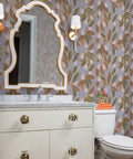 Top Shelf Hand Drawn Botanical Vinyl Wallpaper Featuring Subtle Leather Texture in a stylish bathroom setting.