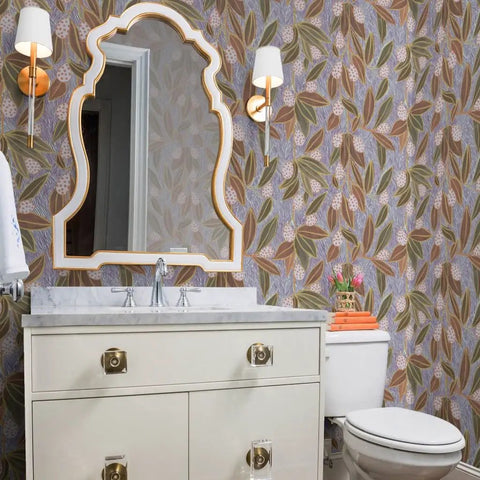 Top Shelf Hand Drawn Botanical Vinyl Wallpaper Featuring Subtle Leather Texture in a stylish bathroom setting.