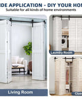 60 Inch Bi Folding Sliding Barn Door Hardware Kit For Four Bifold Doors Heavy Duty Black Steel installed in living room, laundry, closet
