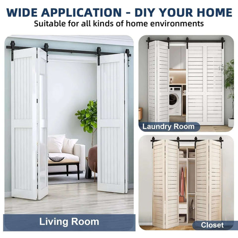 60 Inch Bi Folding Sliding Barn Door Hardware Kit For Four Bifold Doors Heavy Duty Black Steel installed in living room, laundry, closet