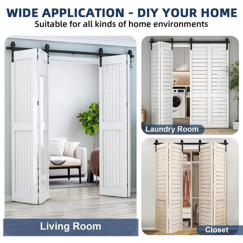 Beefed Up Bifold Barn Door Hardware Kit For Four Doors Side Mounted Black J Shape Rollers in various home settings