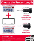 Anti-Theft M5 License Plate Screws 0.8x12mm For BMW And Tesla shown with measurements, black screw cap, and license plate frame.