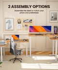 Ergear 63 Inch L Shaped Electric Standing Desk Adjustable Height Light Vintage Finish in office setup with dual monitors and chair.