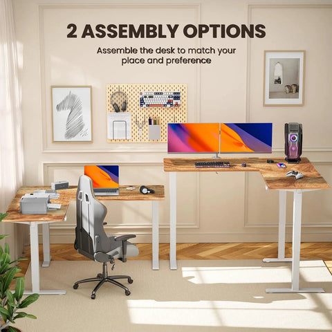 Ergear 63 Inch L Shaped Electric Standing Desk Adjustable Height Light Vintage Finish in office setup with dual monitors and chair.