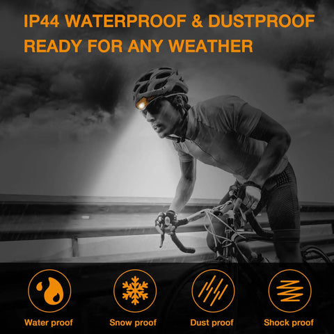 Cyclist wearing Two Pack Rechargeable LED Headlamp With USB Power, Waterproof Build, Motion Sensor, Zoomable Beam, 300 Lumen Frontlight
