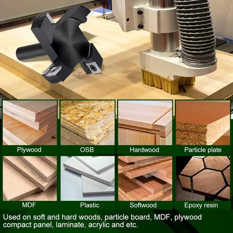 Spoilboard Surfacing Router Bit With Half Inch Shank And Three Inch Cutting Diameter, Four Wing Carbide Slab Flattening Bit for woodworking and CNC routers, shown with different material applications.