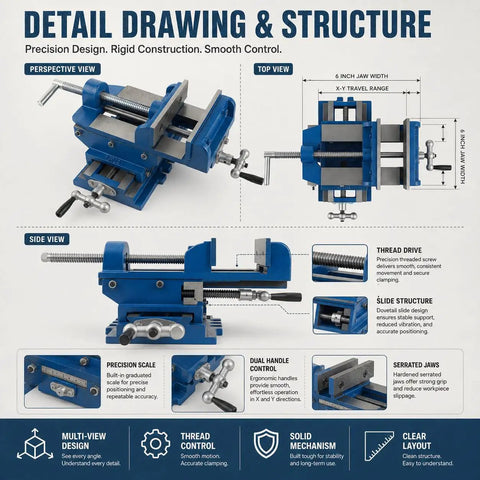 No Nonsense Heavy Duty Cross Slide Milling Vise Featuring 6.3 Inch Jaw Width And Rugged Cast Iron Frame Delivering 11 Inch Clamping Length And Butter Smooth Track Motion For Workshop Presses shown in various views, highlighting features and precision design.