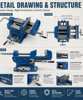 Tough As Nails Cross Slide Drill Press Vise With 6.3 Inch Jaw Width shown in perspective, top, and side views with detailed features.