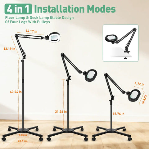 4 in 1 installation modes of Go To Floor Standing Magnifier With Light And Stand, 12X Large Illuminated Magnifier, stable base.