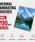 Super Durable 5 Mil Business Card Laminating Sheets Two Hundred Pack Clear Thermal Pouches displayed with size and features.