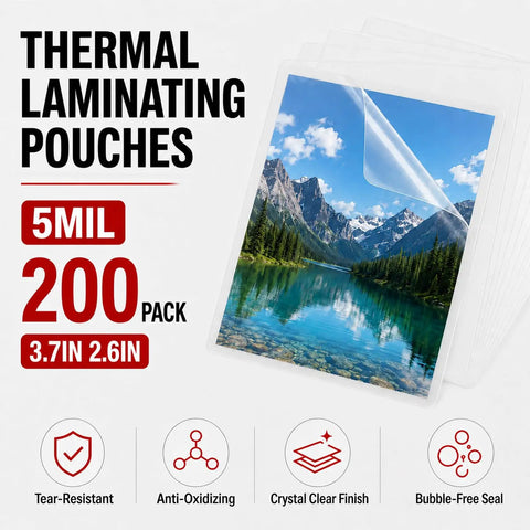 Super Durable 5 Mil Business Card Laminating Sheets Two Hundred Pack Clear Thermal Pouches displayed with size and features.