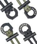 Four Pack Fire Starter Necklace Set with flint and steel paracord lanyard in black and army green, durable bushcraft gear.
