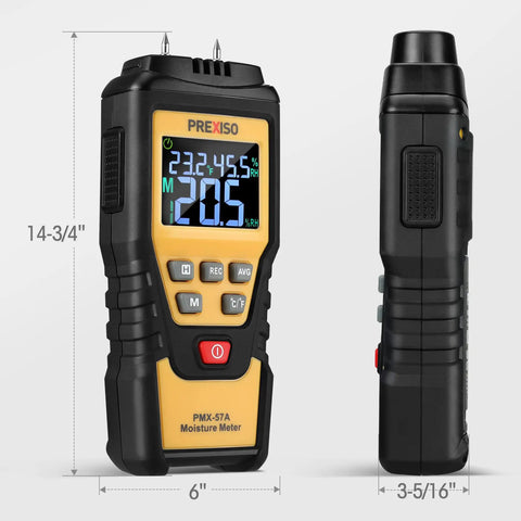 Front and side view of 7 In 1 Digital Wood Moisture Meter For Firewood And Woodworking Pin Type Tester For Walls Drywall Paper Floor Dampness Meter And Water Leak Detector For DIY Home Use
