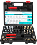 Open case of Pro Grade 49 Piece Thread Chaser Set with 22 taps, 24 dies, and 3 thread files for metric and SAE restoration tasks.
