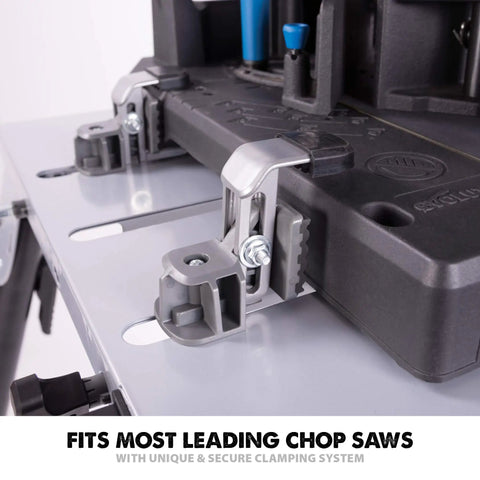 Heavy Duty Chop Saw Stand With Universal Fitting A Real Workhorse Height Adjustable From 595 To 815mm Left And Right 3M Extendable Arms Supports Up To 225Kg Built In End Stop Telescopic And Folding Legs Black And Silver close-up of clamping system
