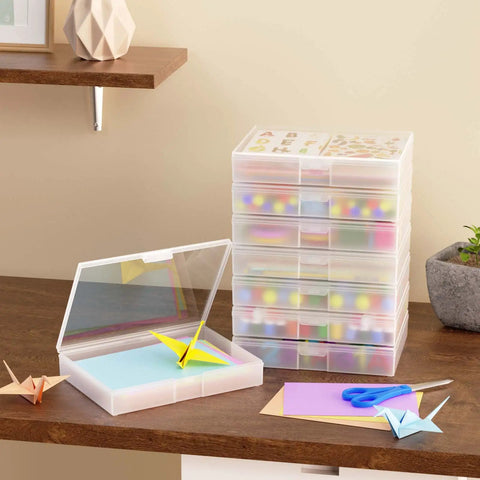 5x7 Photo Storage Box Set With 8 Inner Photo Cases Ultra Roomy Capacity Holds Up To 1000 Photos, visible on a shelf with craft items