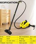 Heavy Duty Steam Cleaner With 52 Oz Large Tank And Incredible High Pressure Capability features a 1800W unit with a long hose for versatile cleaning.