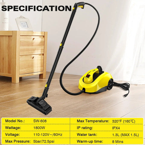 Heavy Duty Steam Cleaner With 52 Oz Large Tank And Incredible High Pressure Capability features a 1800W unit with a long hose for versatile cleaning.
