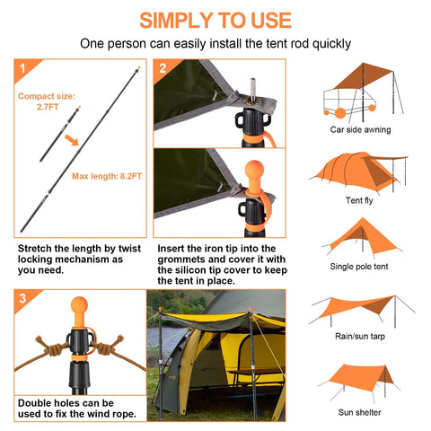 Heavy Duty Aluminum Tent Poles For Tarp And Canopy Adjustable Telescoping Poles With Non Slip Cone Bottom usage instructions