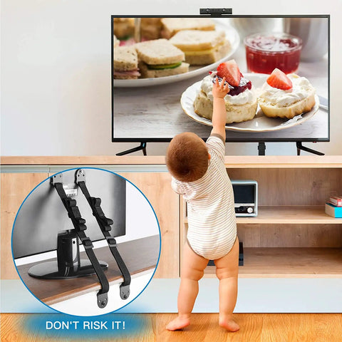 Heavy Duty Anti Tip Straps For TVs And Furniture Dual Safety Straps With Metal Plates in use, securing a TV from tipping over.