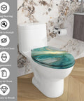 Elongated Resin Toilet Seat for Bathroom with a blue and green marbled design, fitting standard toilets, easy to install.