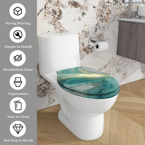 Elongated Resin Toilet Seat for Bathroom with a blue and green marbled design, fitting standard toilets, easy to install.